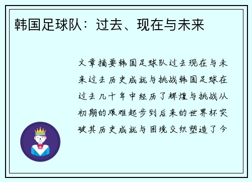 韩国足球队：过去、现在与未来